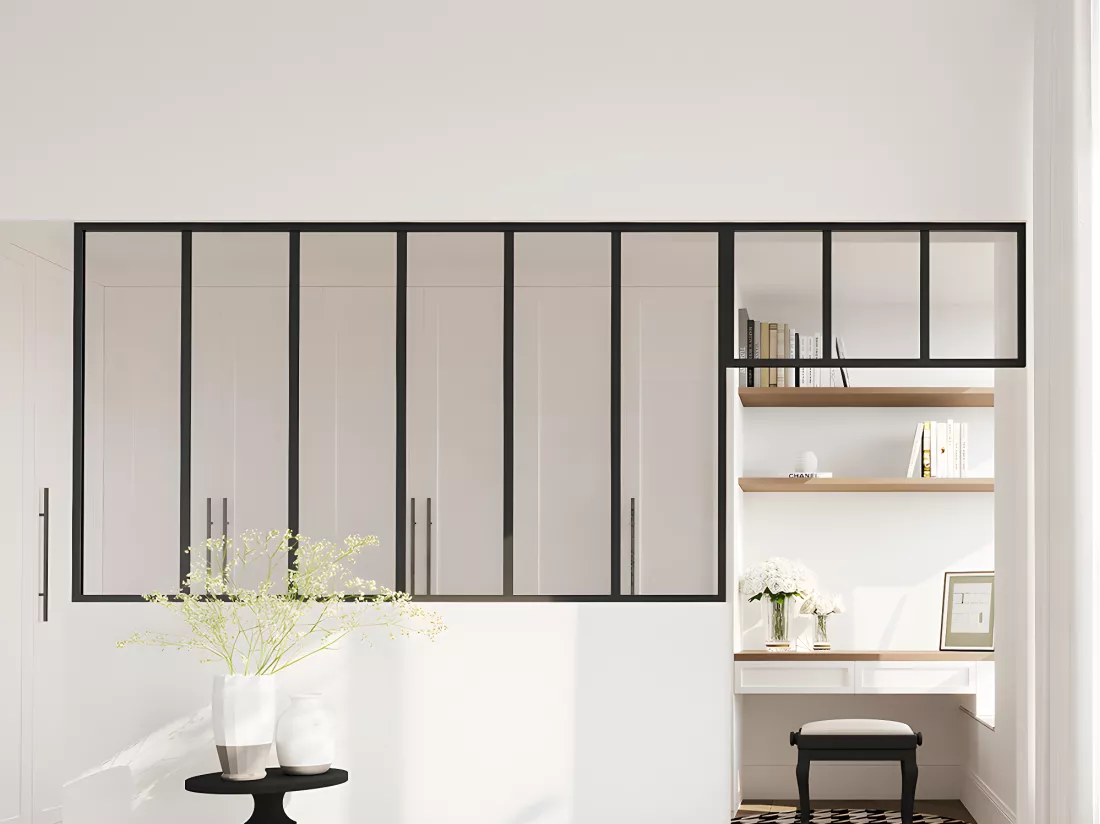 Verrière atelier avec imposte en aluminium thermolaqué - L180 x H105 + L83 x H40 cm - Noir - BAYVIEW