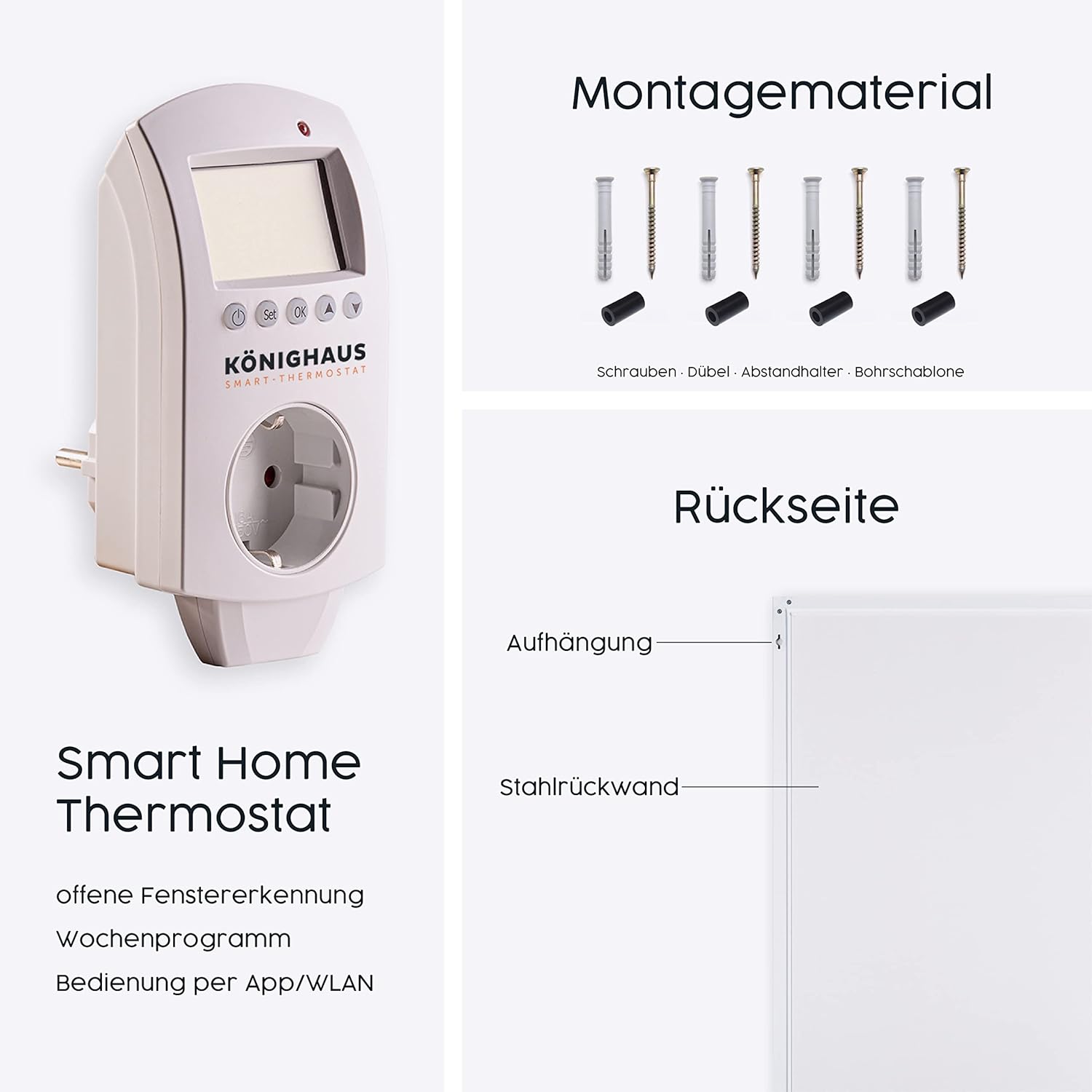 Könighaus Infrarot Wandheizung - 1200 Watt inkl. Smart Thermostat - Infrarotheizung mit TÜV SÜD & 5 Jahren Garantie - Doppelter Überhitzungsschutz - Heizt Räume von bis zu 29 m² - Sofort einsatzbereit