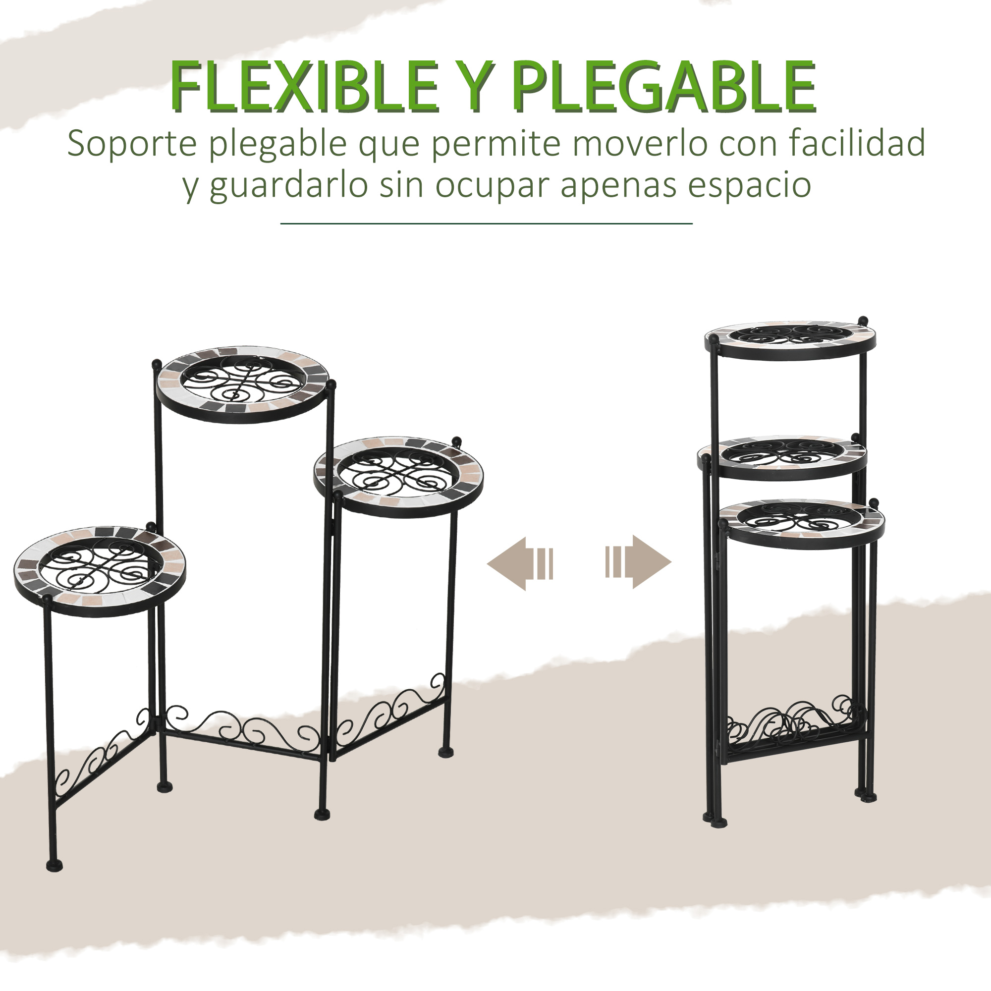 Suporte de metal para plantas Outsunny, dobrável, com 3 prateleiras e bordas revestidas em azulejo, ideal para decoração de interiores e exteriores, 60x22x65 cm, preto.