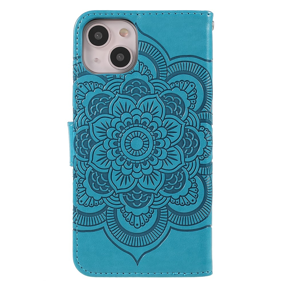 iPhone 13 Pro Leder Tasche Wallet - Mandala Flowers Imprint - Blau