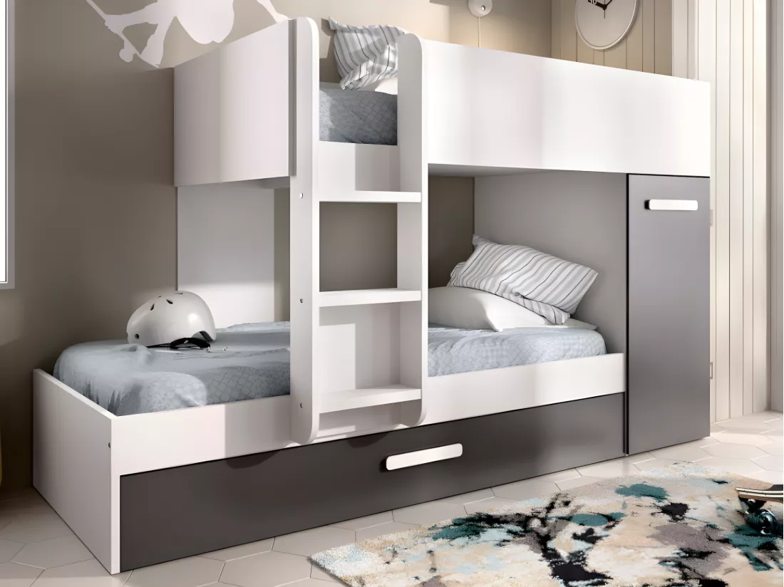 Lits superposés avec tiroir lit gigogne et rangements 3 x 90 x 190 cm - Anthracite et Blanc + matelas - ANTHONY