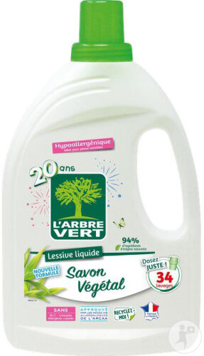 L'Arbre Vert Lessive Liquide Hypoallergénique Au Savon Végétal 34 Lavages 1,53l