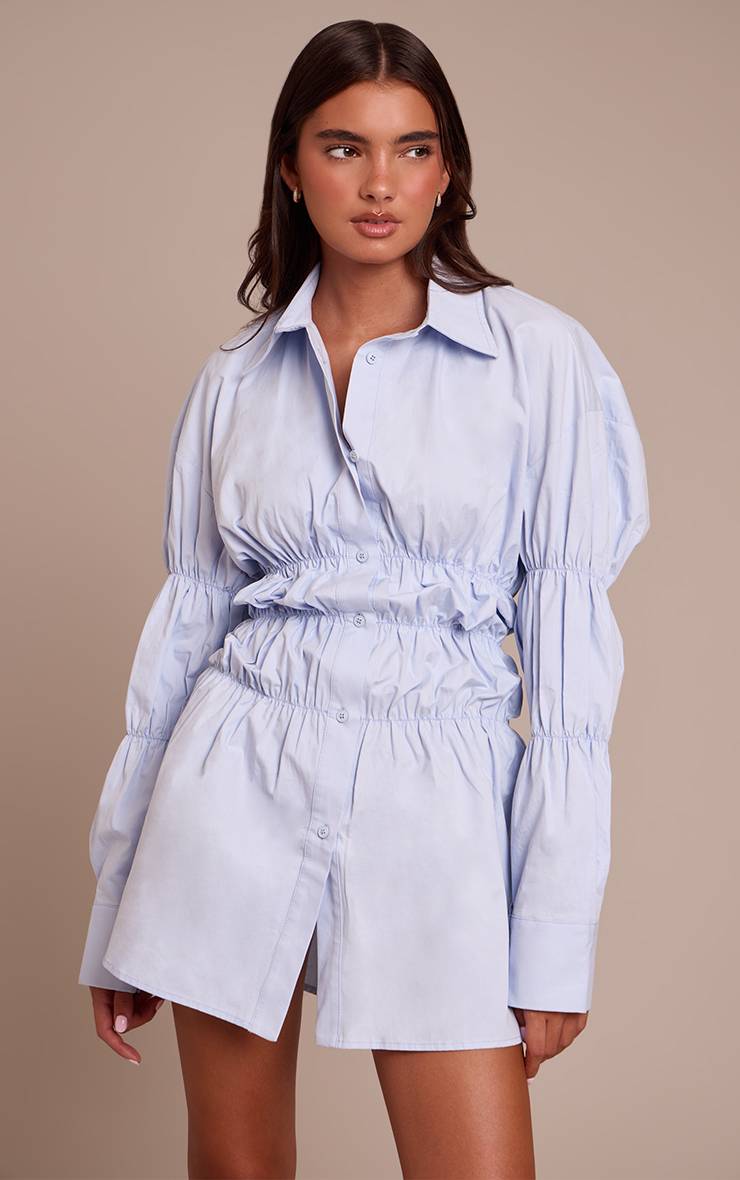 Bleu Robe Chemise Froncée À Manches Longues