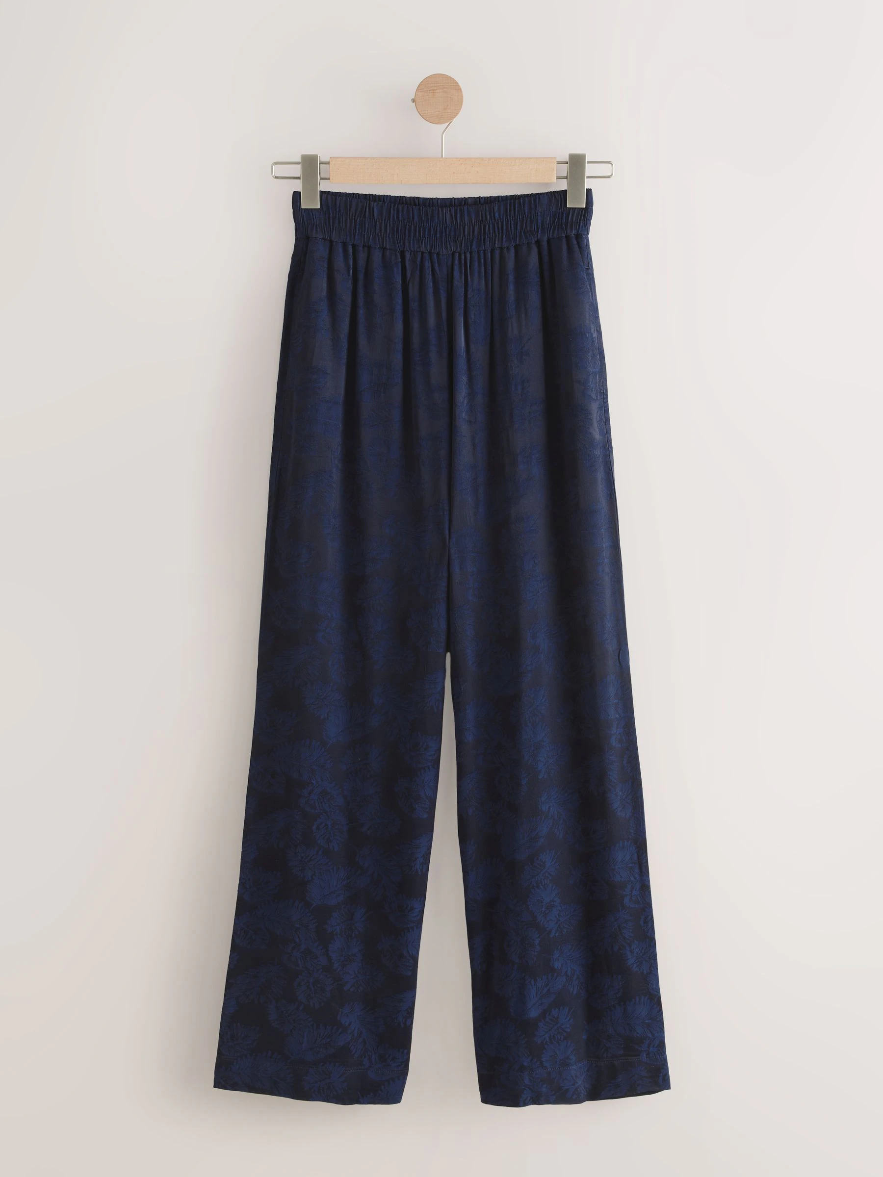 Marineblauw - Satijnen jacquard broek met wijde pijp