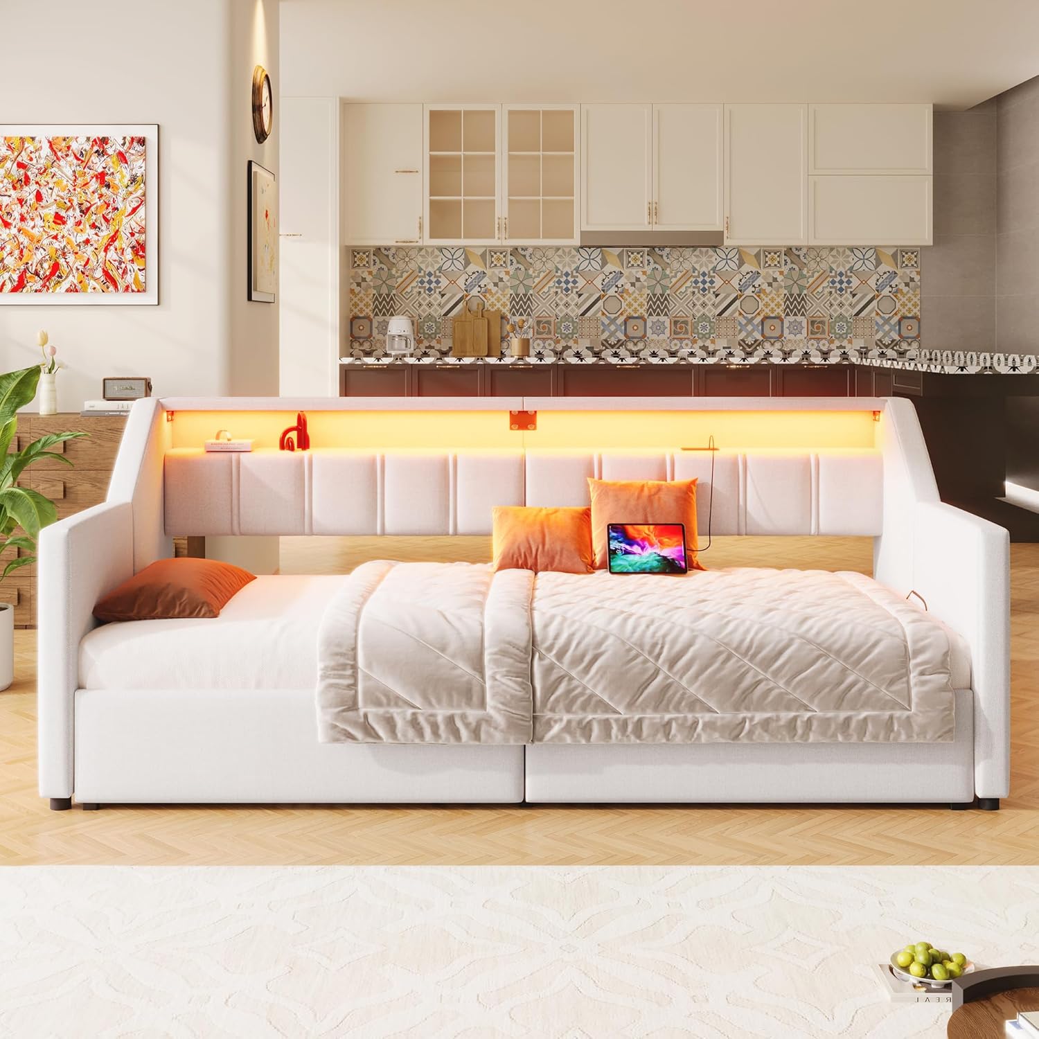 Polsterbett Tagesbett mit LED & USB Typ-C Ladefunktion, Ausziehbares Schlafsofa 90/180x200 cm, Multifunktionsbett Gästebett Einzelbett/Doppelbett mit 2 Schubladen & Lattenrost, Ohne Matratze, Beige