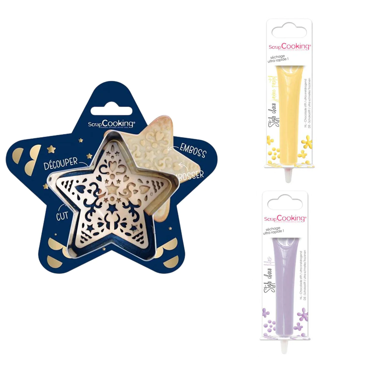 Kit pour biscuit en relief Étoile + 2 Stylos au chocolat jaune pastel