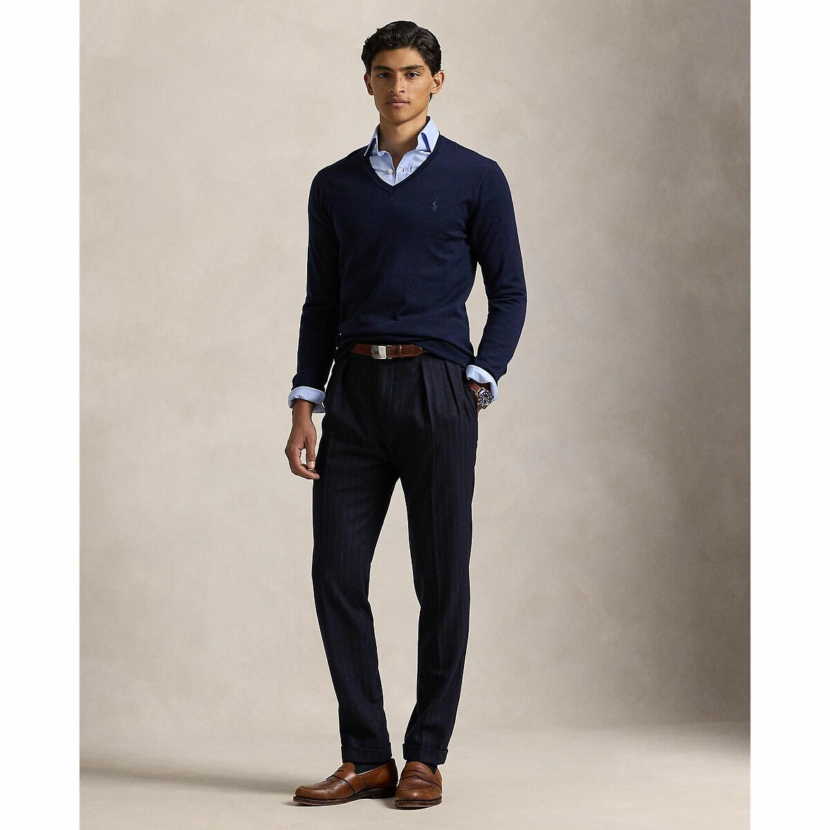 POLO RALPH LAUREN<br>Suéter com decote em V em lã merino