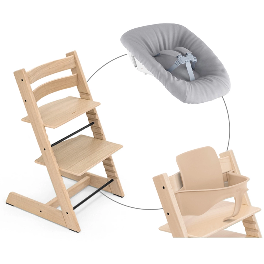 STOKKE® Mega Tripp Trapp® Set Hochstuhl Oak natur inkl. Newborn Set™ Grey und Baby Set natur