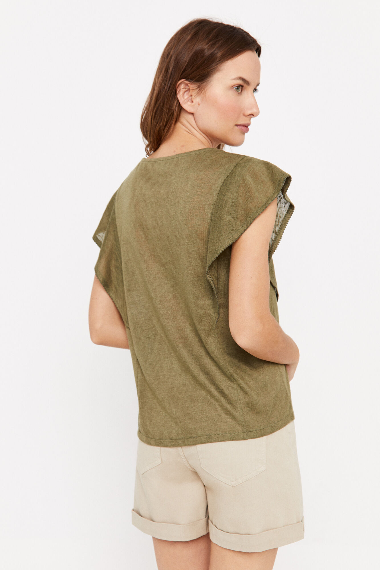 Camiseta com babados e efeito linho - Cáqui
