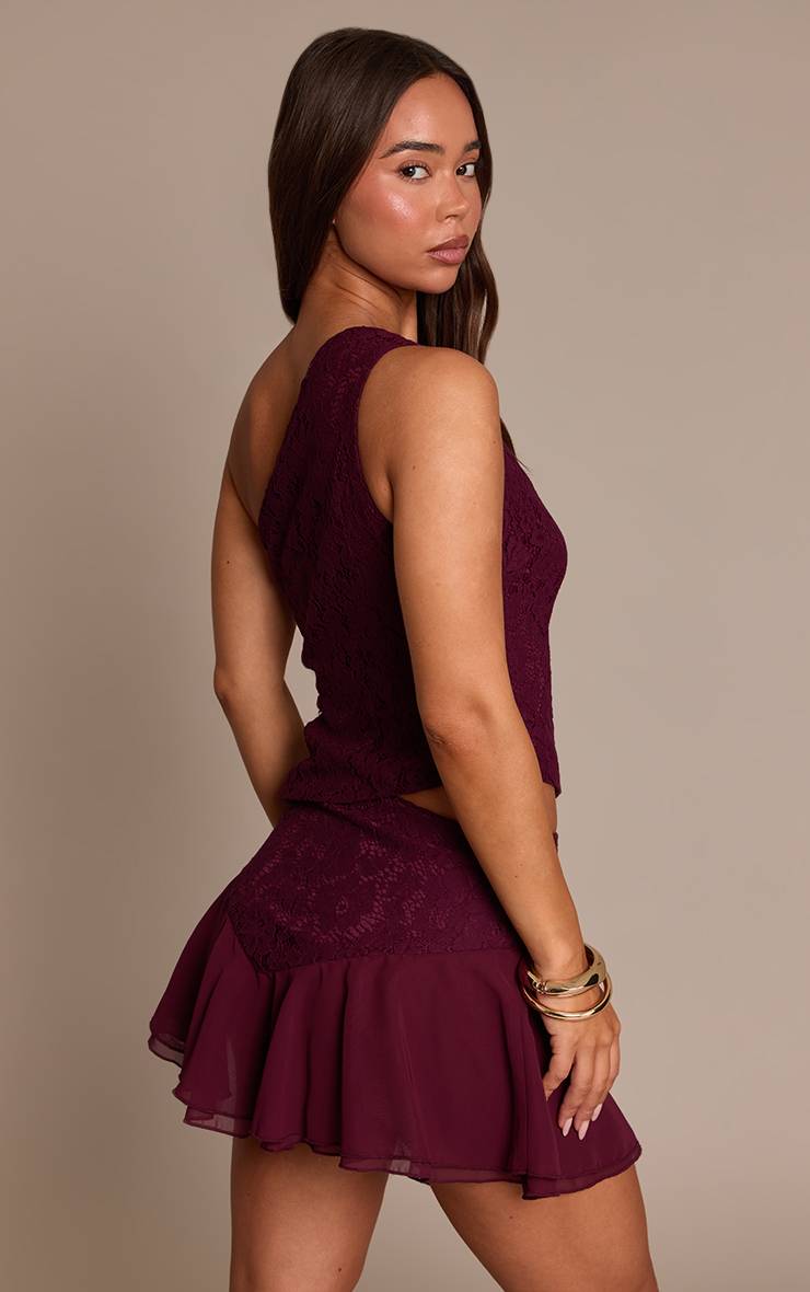 Dark Wine Ensemble Jupe Mini À Dentelle Et Volants