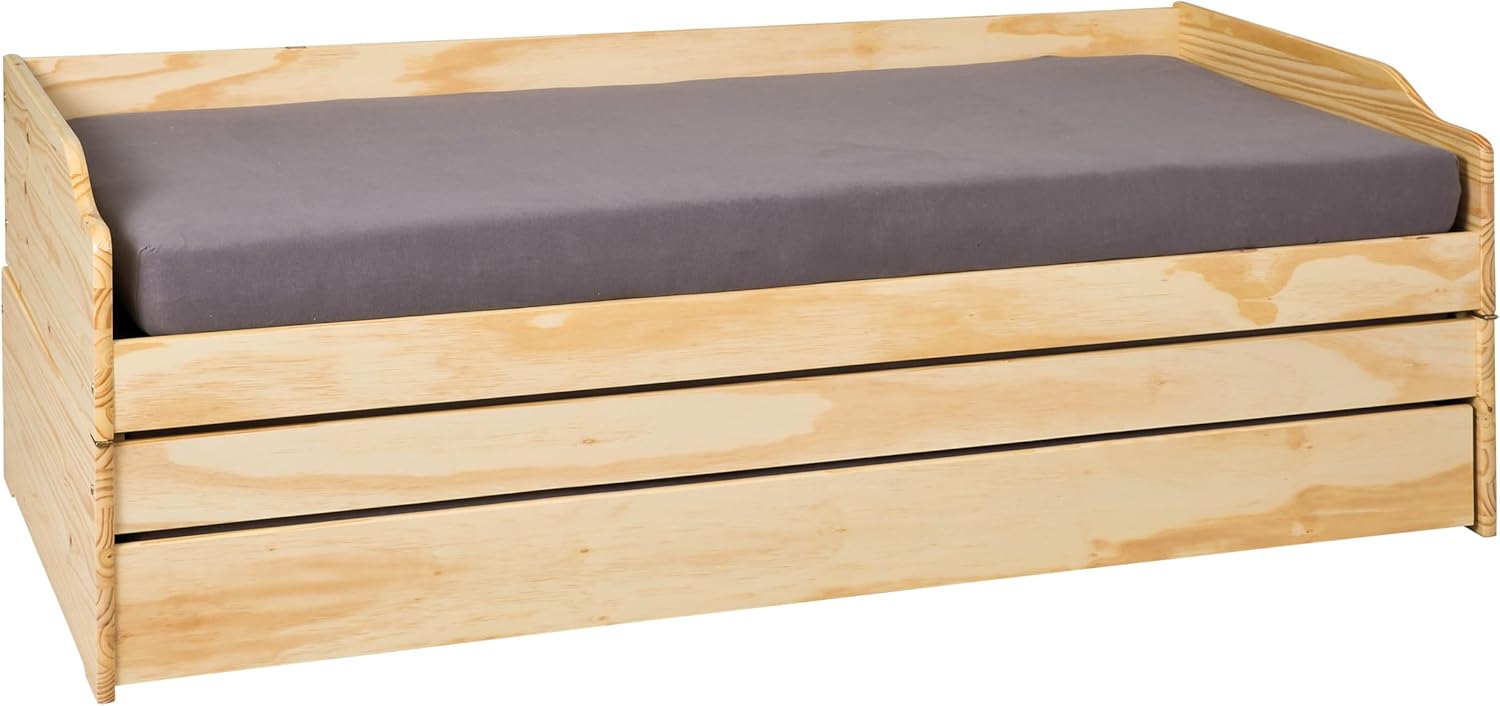 Inter Link - Funktionsbett - Stauraumbett - Bett mit Schubladen - Kiefer massivholz - Für Kinder, Jugendliche - Einzelbett - Gästebett - 2 Lattenroste - 3 Liegeflächen - Natur - Lotar - 90x200 cm