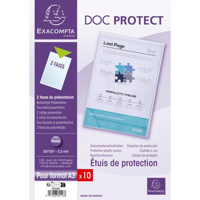 Sachet de 10 étuis de protection simples PVC Haute Qualité 30/100e - A3 - Cristal