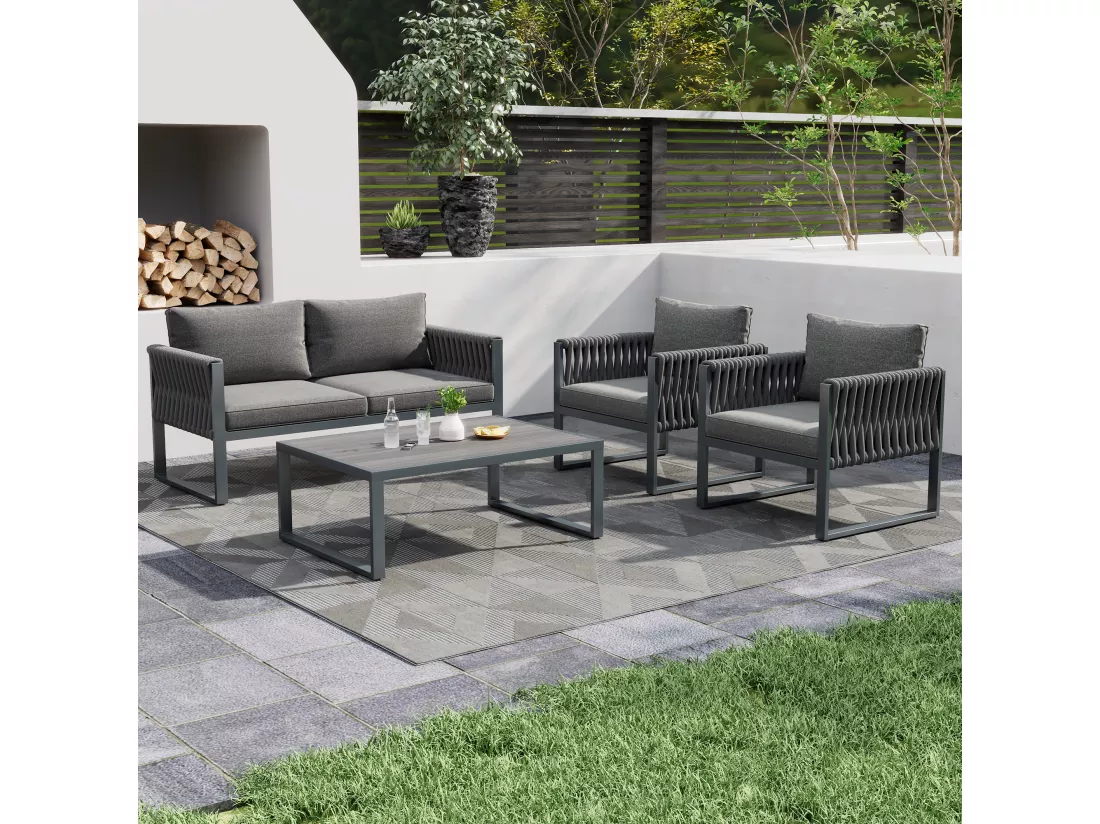 Ensemble salon de jardin en fer galvanisé: 1 canapé + 2 fauteuils + 1 table basse - Coussins rembourrage 9 cm - Gris