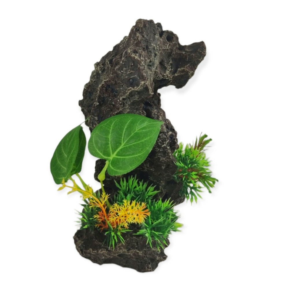Décoration rocher gris + plantes13 x 12 x h 21cm, aquarium.
