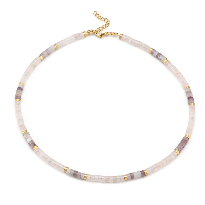 Collier Perles Heishi Pierres Naturelles Quartz Rose Améthyste-38 cm