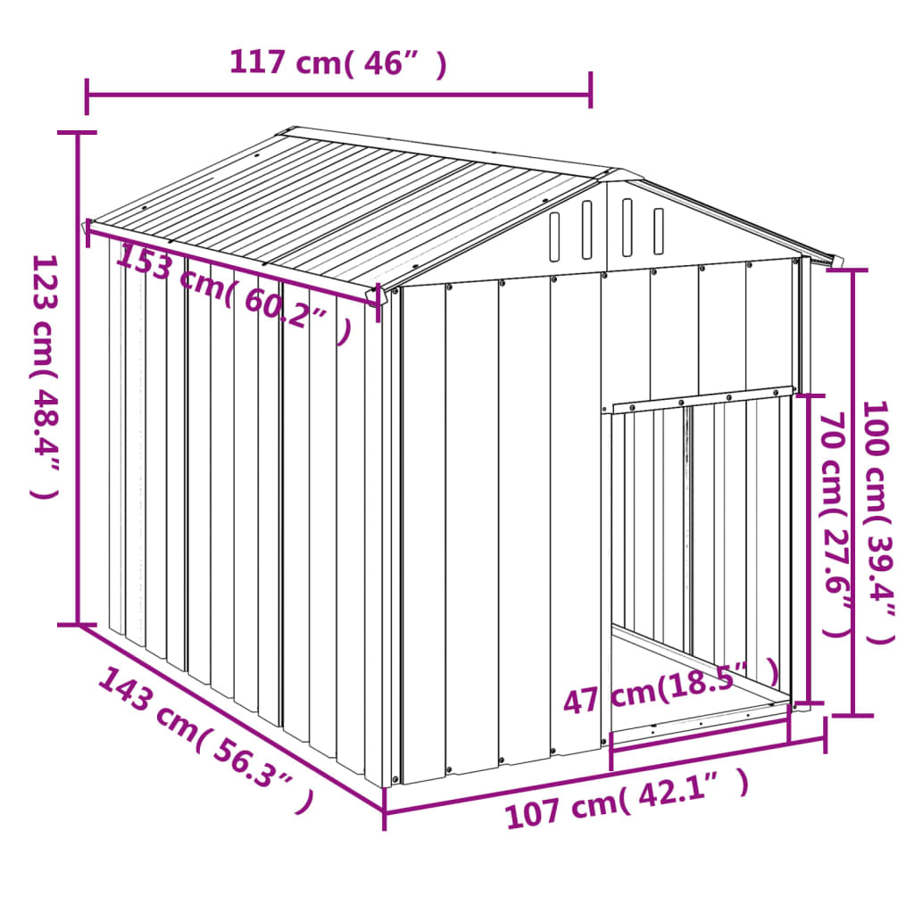 Canil vidaXL com cobertura, aço galvanizado, cinza, 117x103x123cm