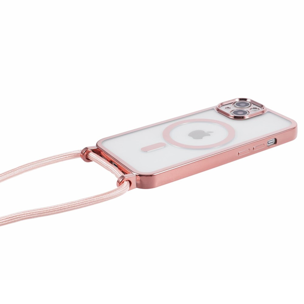 iPhone 15 MagSafe Necklace Gummi Case Hülle Galvanisierter Rahmen mit Handykette (160cm)   Kameraschutz - Roségold / Transparent