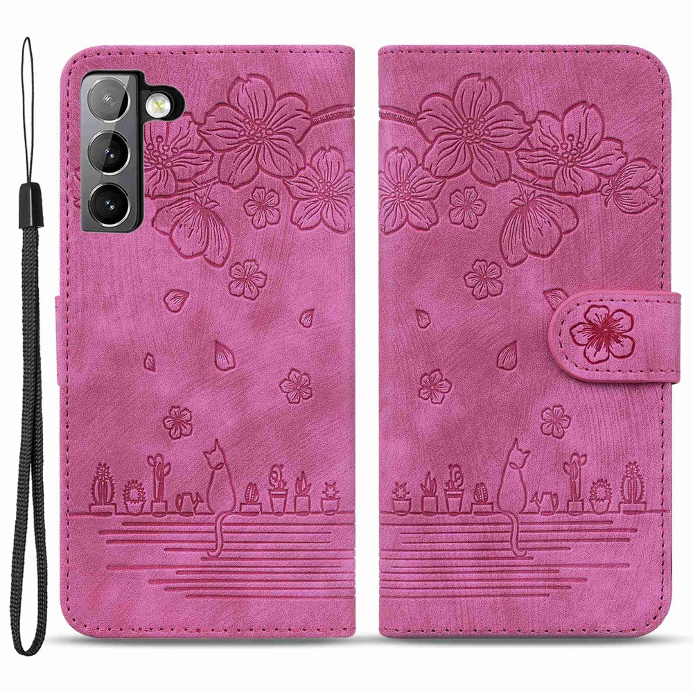 Samsung Galaxy S22 5G Leder Tasche Flip Cover Katze & Blumen Imprint - Pink