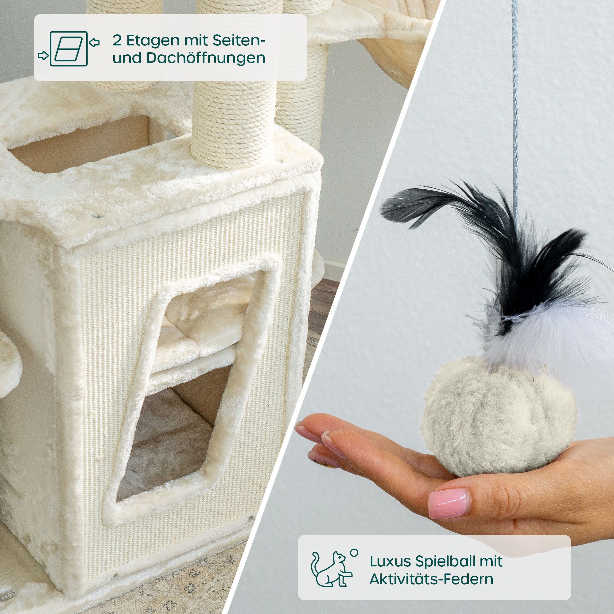 HAPPYPET Kratzbaum stabil 157 cm Katzenbaum Kletterbaum Sisal Massiv | Creme