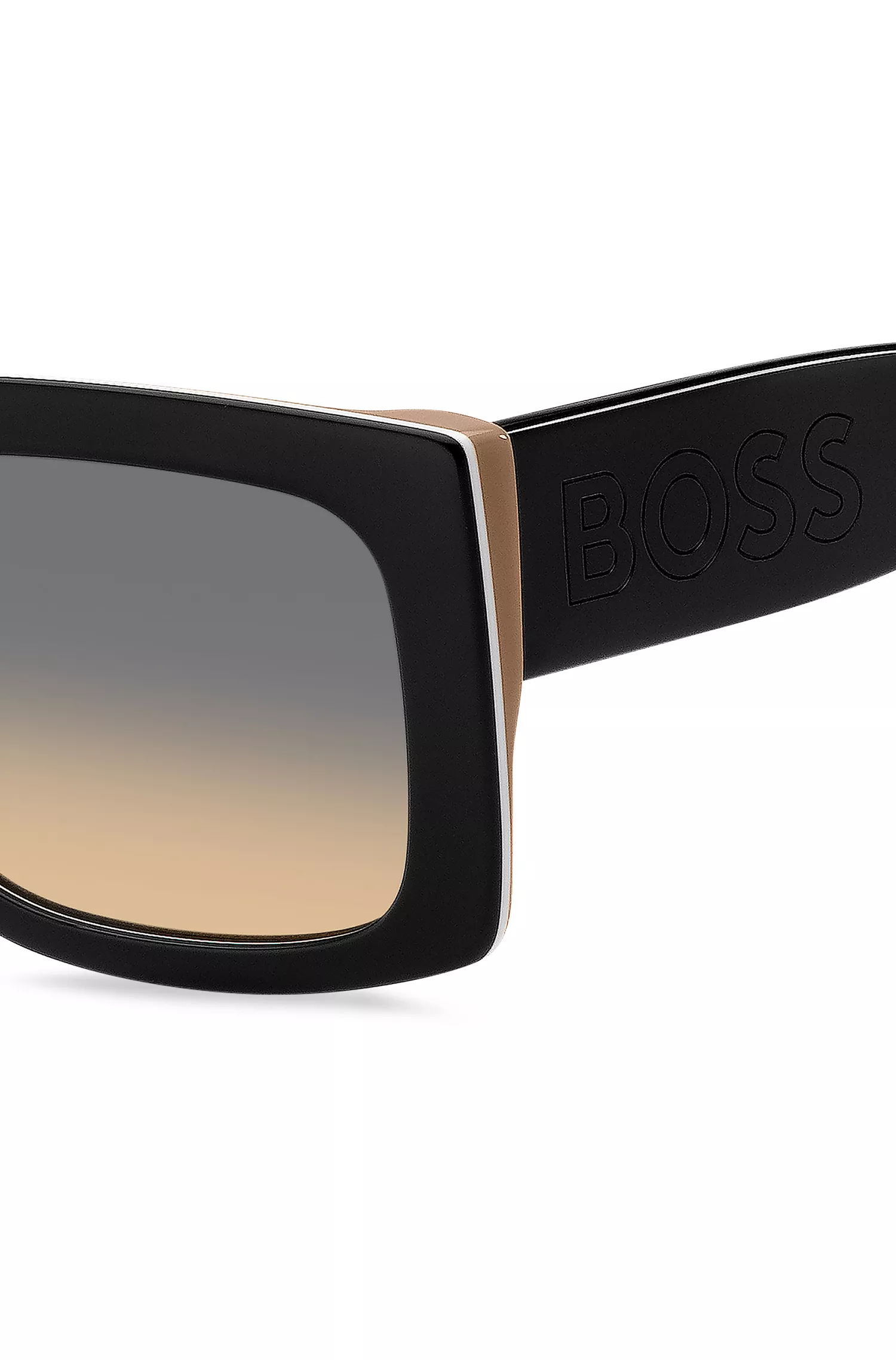 Óculos de sol BOSS em bioacetato com faixa preta exclusiva e logotipo grande nas hastes.