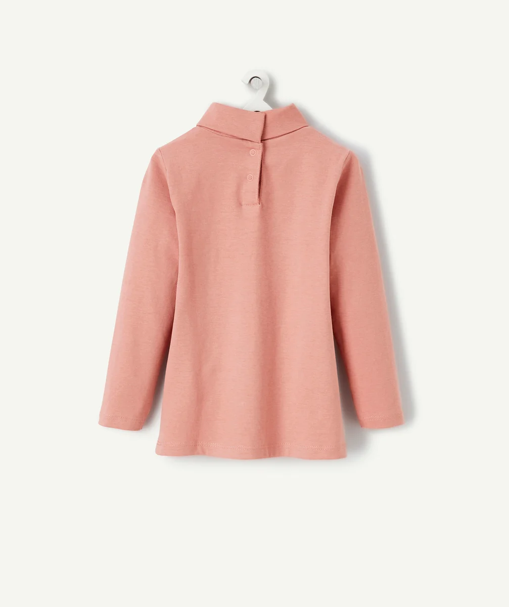 SOUS-PULL BÉBÉ FILLE COL ROULÉ EN COTON BIO ROSE ET MESSAGE PAILLETÉ