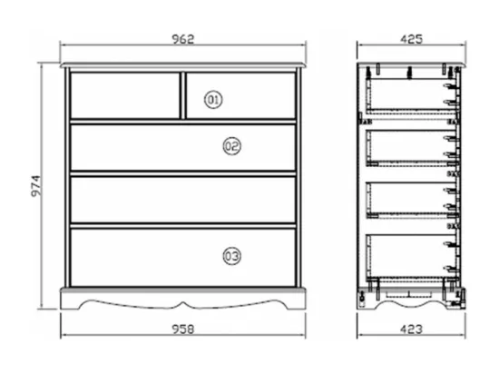 Commode Pin Miel de Style Anglais 5 Tiroirs L 96.2 H 97.4 P 42.5 cm