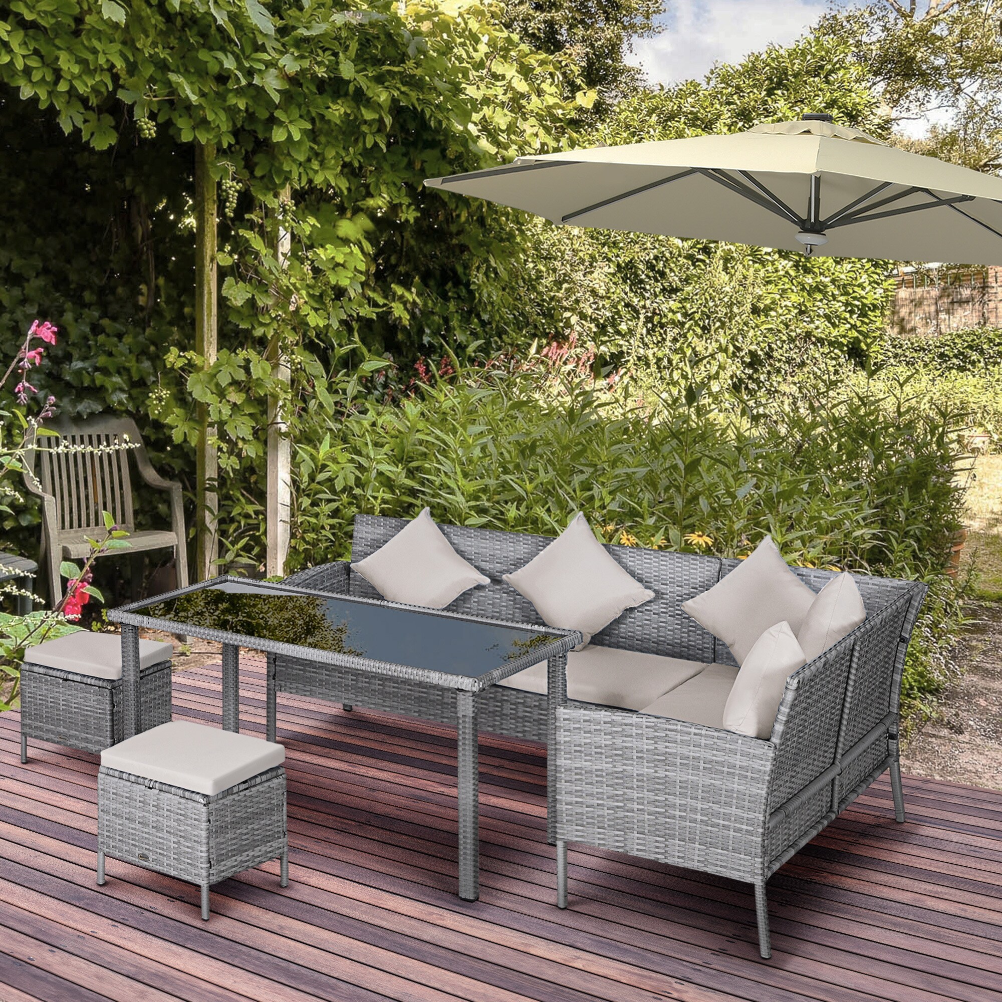 Outsunny Rattan Sitzgruppe mit Tisch grau, cremeweiß