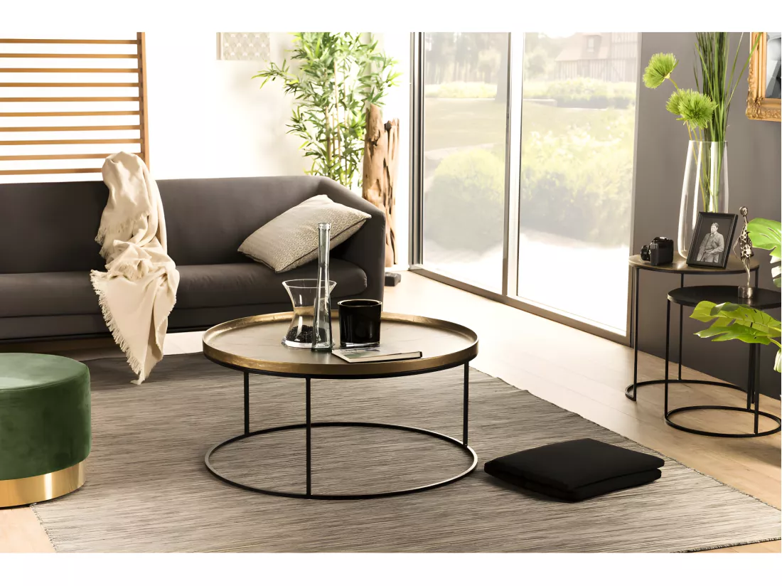 JONAS - Table basse ronde 88x88cm aluminium doré pieds ronds métal noir