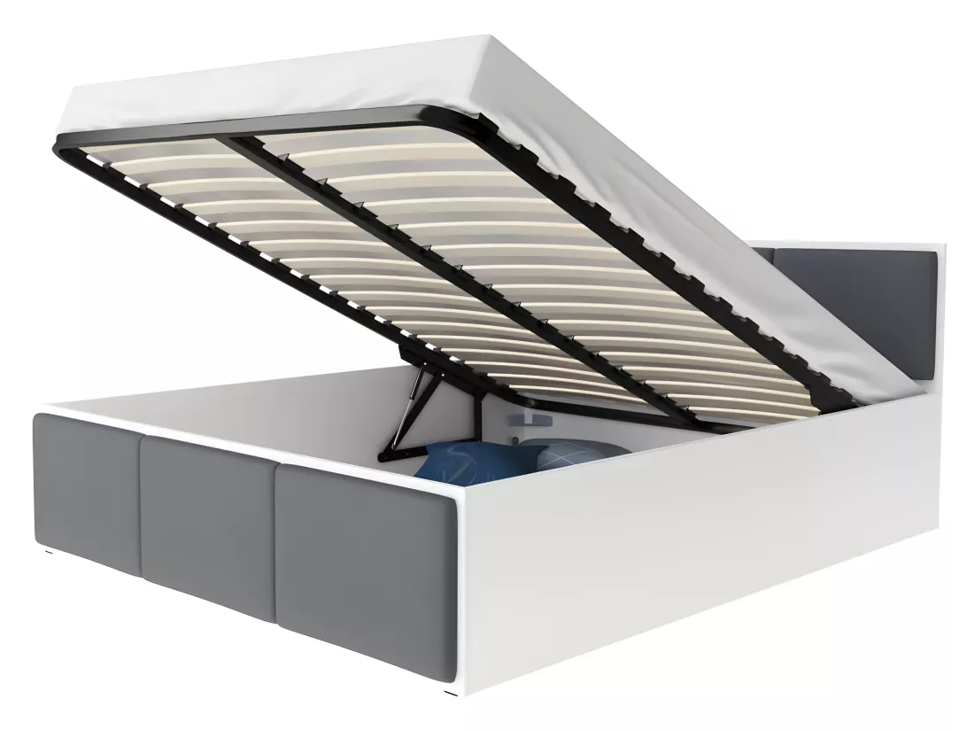Lit Panama T 140x190 + coffre - Sommier inclus Blanc - Gris foncé
