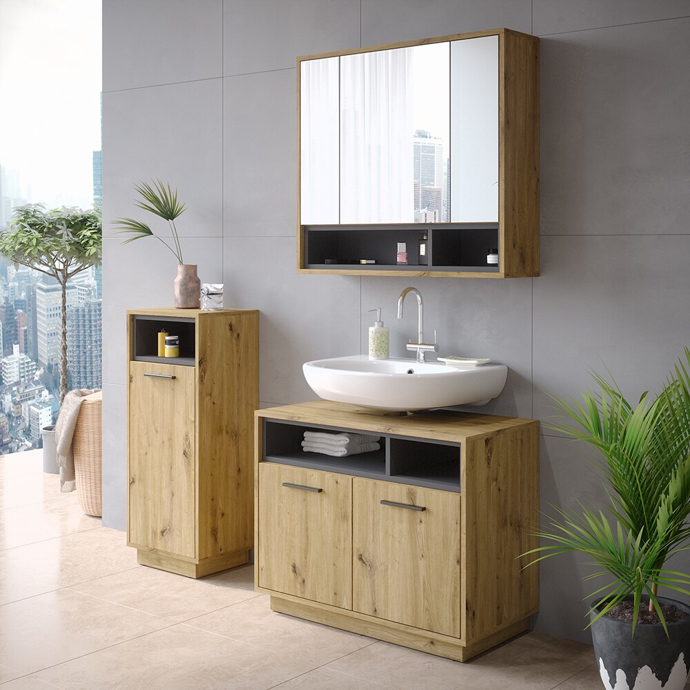 Vicco Badmöbel-Set Badezimmer-Möbel Bad-Schrank Beatrice Eiche Anthrazit modern Badezimmerschrank Waschtischunterschrank Spiegelschrank Midischrank Schranktür Schrankfach