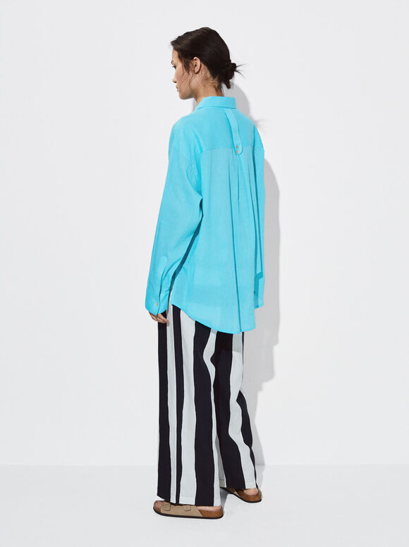 Camisa de algodão com bolso bordado com miçangas - Azul