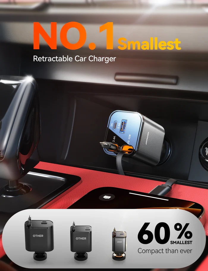 (69W) USB C / USB A Auto KFZ Ladegerät Netzteil PD 3.0 / QC 3.0 mit Ausziehbares USB C / Lightning Ladekabel (JR-CCL05) - Silber / Schwarz