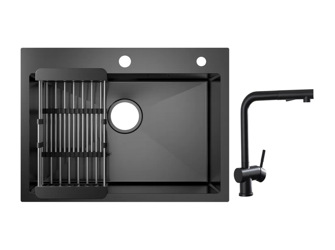 Cecipa max Évier 1 Bac Inox avec Panier de Drainage - Évier de Cuisine Noir 60×45×18 cm + Robinets avec Douchette Extractible, Mitigeur d'évier Noir