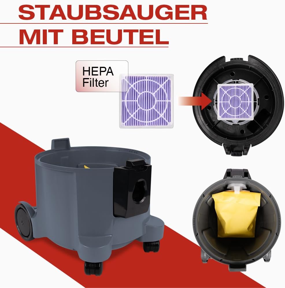 HITACHI Staubsauger CV-400P PRO + Beutel + HEPA Filter 4,5L - Profi Bodenstaubsauger 880W leise 74 dB, 13m Radius, Teppichdüse & Zubehör, Gewerbesauger Haushalt & Industrie - beutellos nutzbar (Grau)