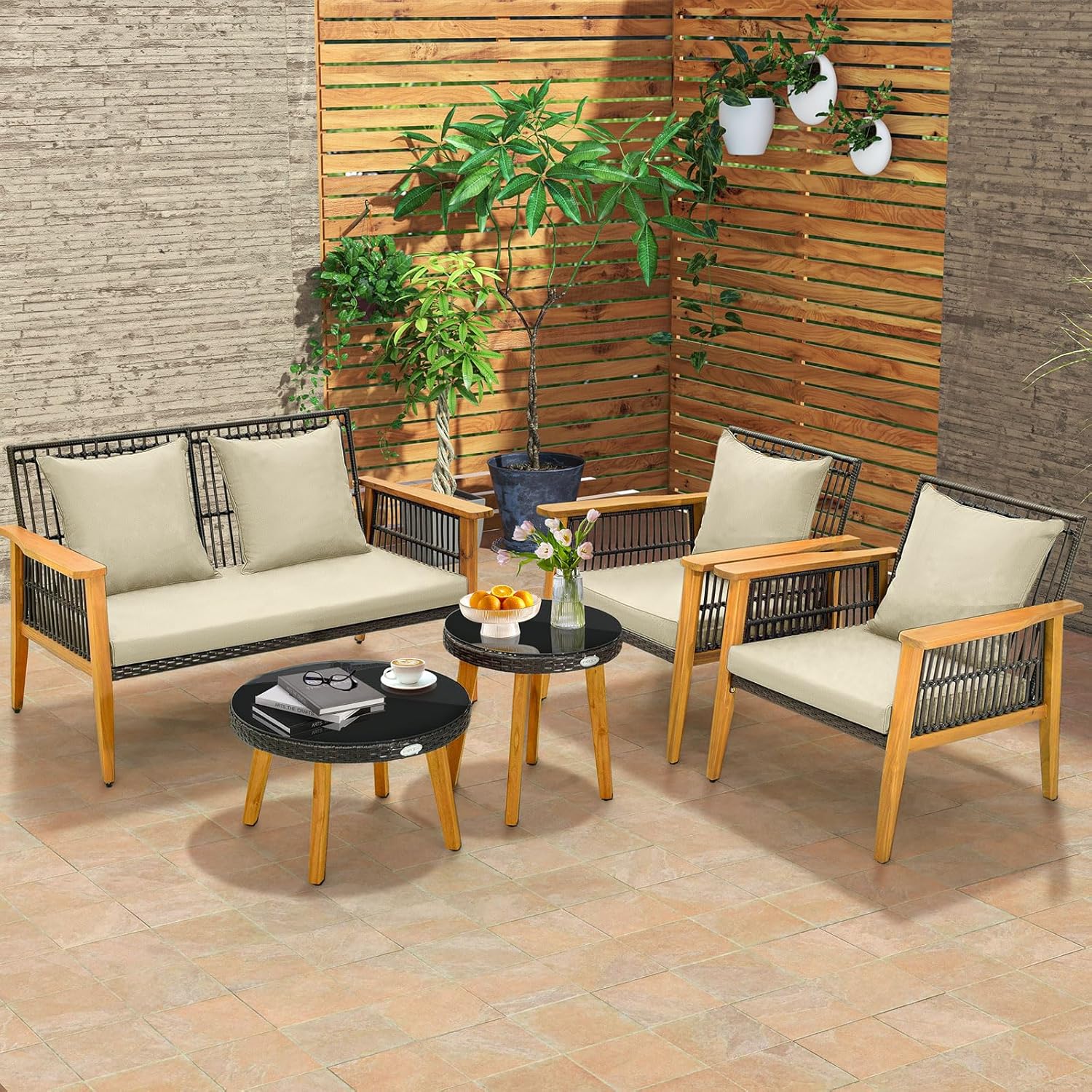 COSTWAY 5-teiliges Rattan Gartenmöbel Set Akazienholz, Gartenbank & 2 Gartenstühle & 2 Couchtische, Sitz- und Rückenkissen, Terrassenmöbel Polyrattan Sitzgruppe für Hinterhof, Poolbereich