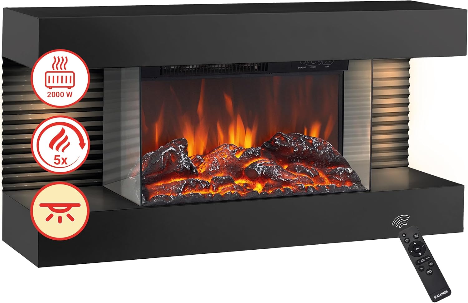 Elektrokamin Liz - Elektrischer Wandkamin mit Heizung, 3D-Flammeneffekt, LED-Ambientelicht, Fernbedienung (Schwarz)