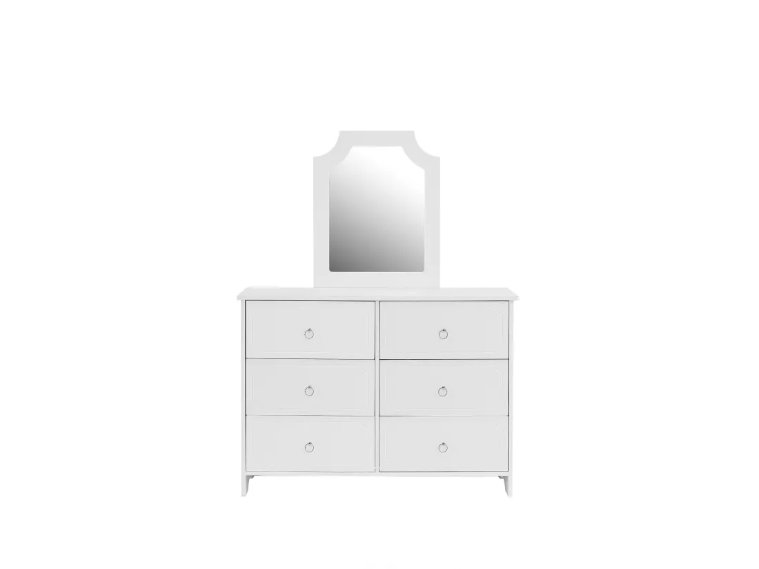 Armoire à miroir, commode 6 tiroirs, miroir amovible, patins silencieux, MDF + panneaux de particules, blanc