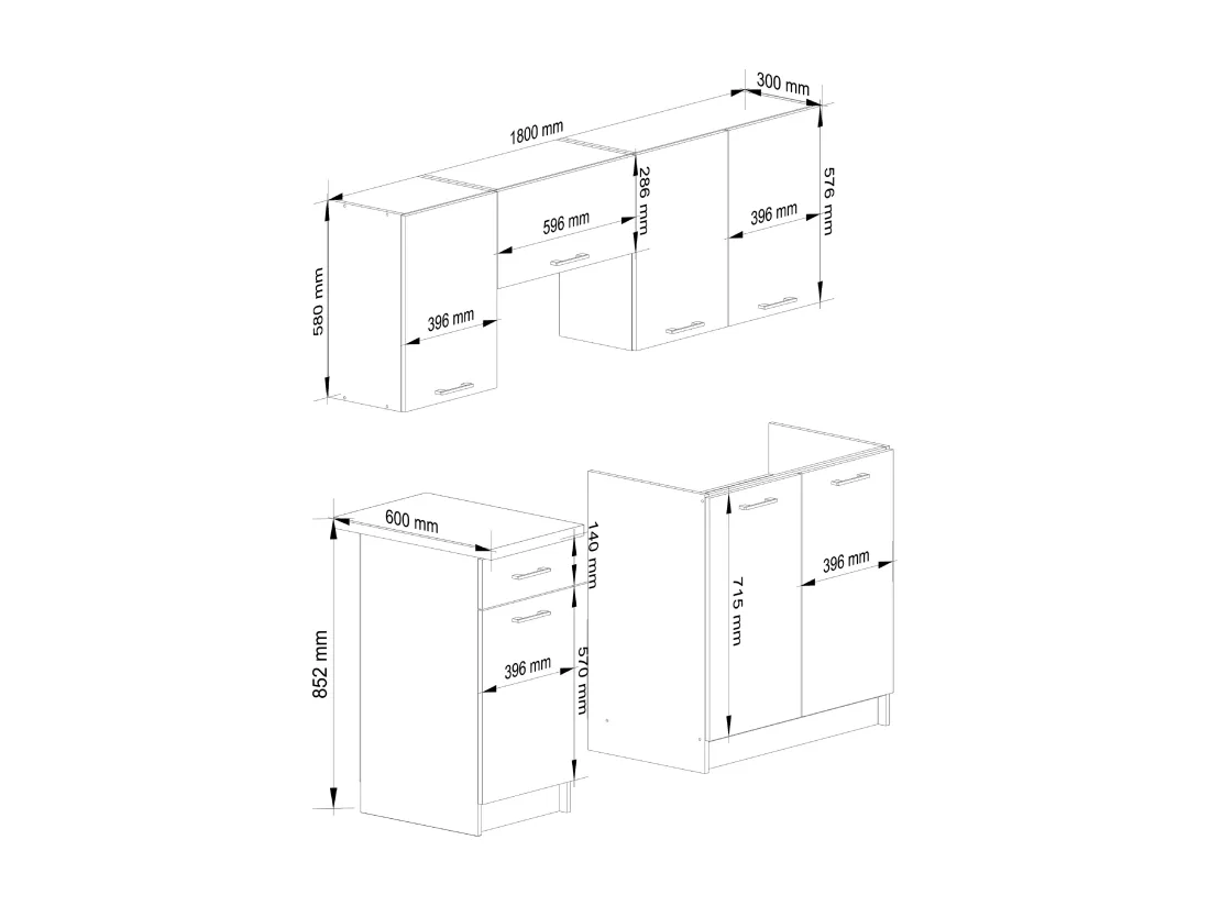 Ensemble De Cuisine AKORD OLIWIA 1.8m Blanc 180 cm 7 portes 1 tiroir façade Blanche 8 étagères 180x46x203 cm