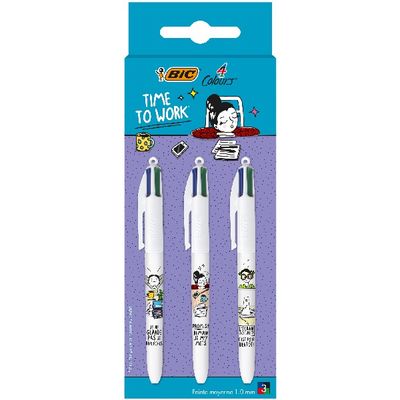 BIC 4 Couleurs Messages - 3 Stylos à bille 4 couleurs - 1 mm - Décors assortis Collection Exams