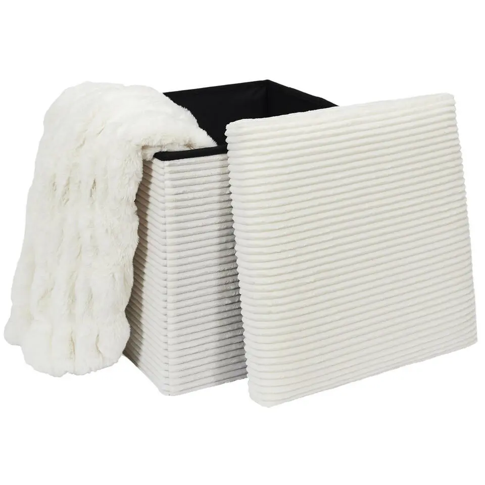 Home Deco Factory Poefje - opbergbox - rib - wit - 38 x 38cm