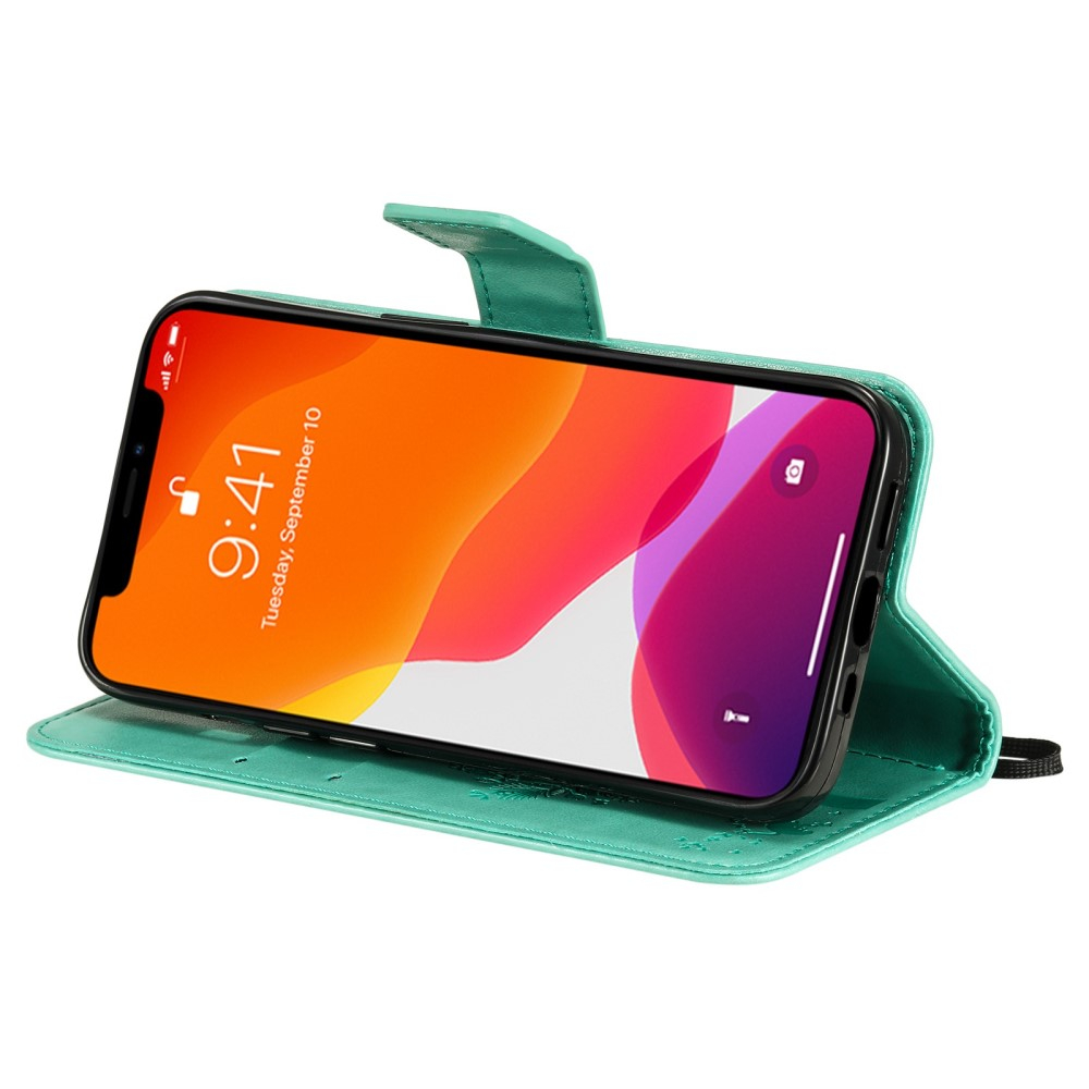 iPhone 14 Leder Tasche Flip Cover Baum Imprint - Türkis