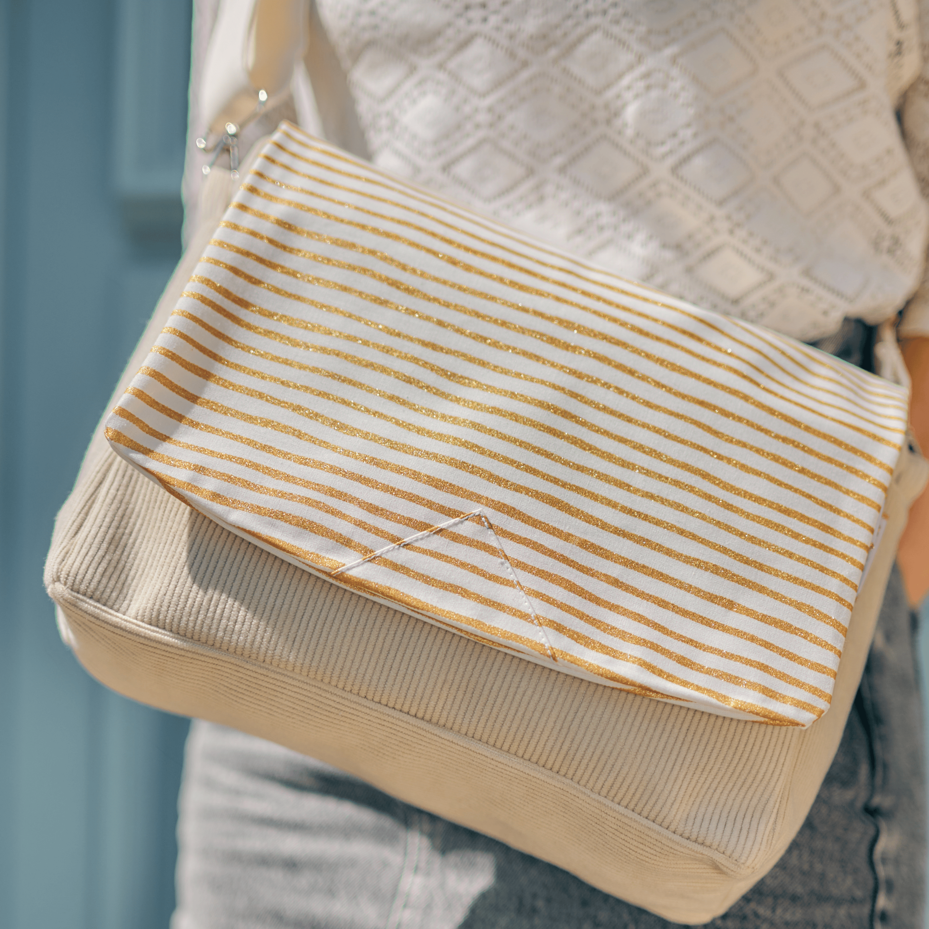 Base Grande Besace Sans Bandoulière Velours Côtelé Beige