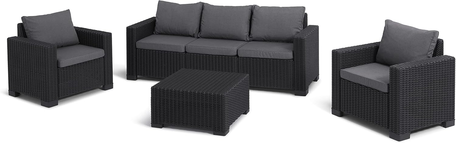 Allibert by Keter Gartenlounge Sessel California, graphit/cool grey, 2er Set, inkl. Sitz- und Rückenkissen, Kunststoff, runde Rattanoptik, 83 x 68 x 72 cm