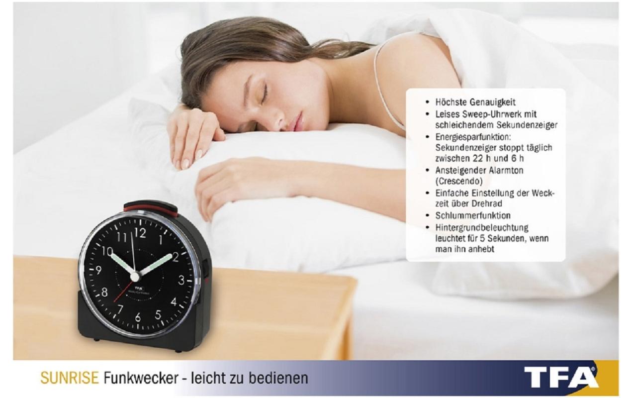 Funkwecker Sunrise SchwarzAnaloger Wecher mit ansteigendem Alarmton