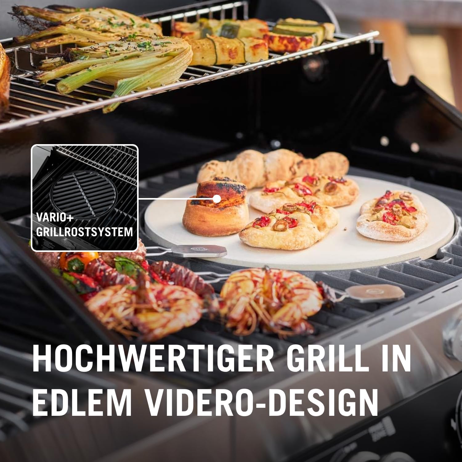 RÖSLE Gasgrill BBQ-Station VIDERO G2-S Schwarz, Grill mit 2 Edelstahlbrennern, extra Primezone und Seitenbrenner, klappbare Seitentische, VARIO+, pulverbeschichteter Stahl