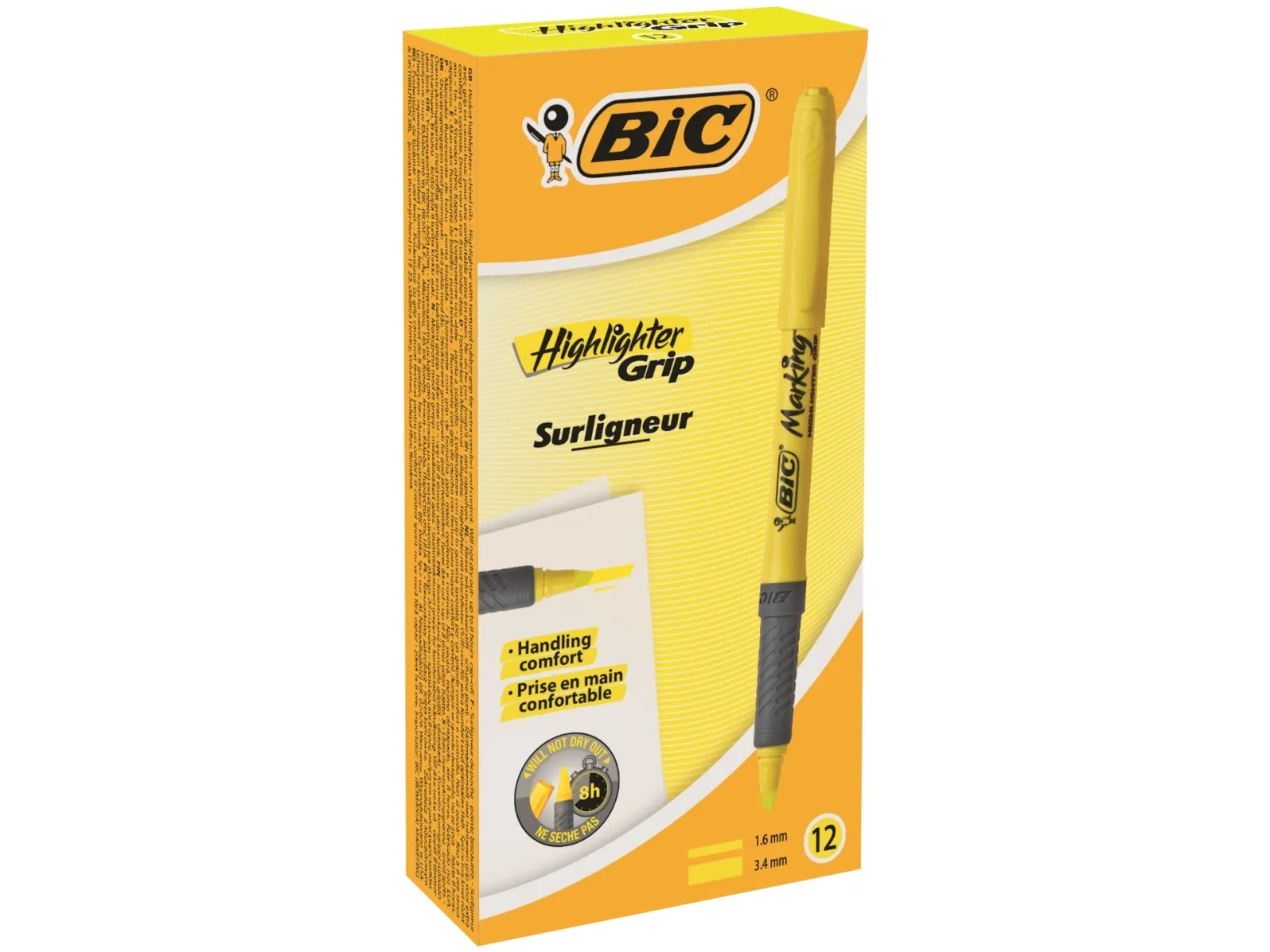 Overstregningspen BIC Highlighter Grip gul med skrå spids - (12 stk.)