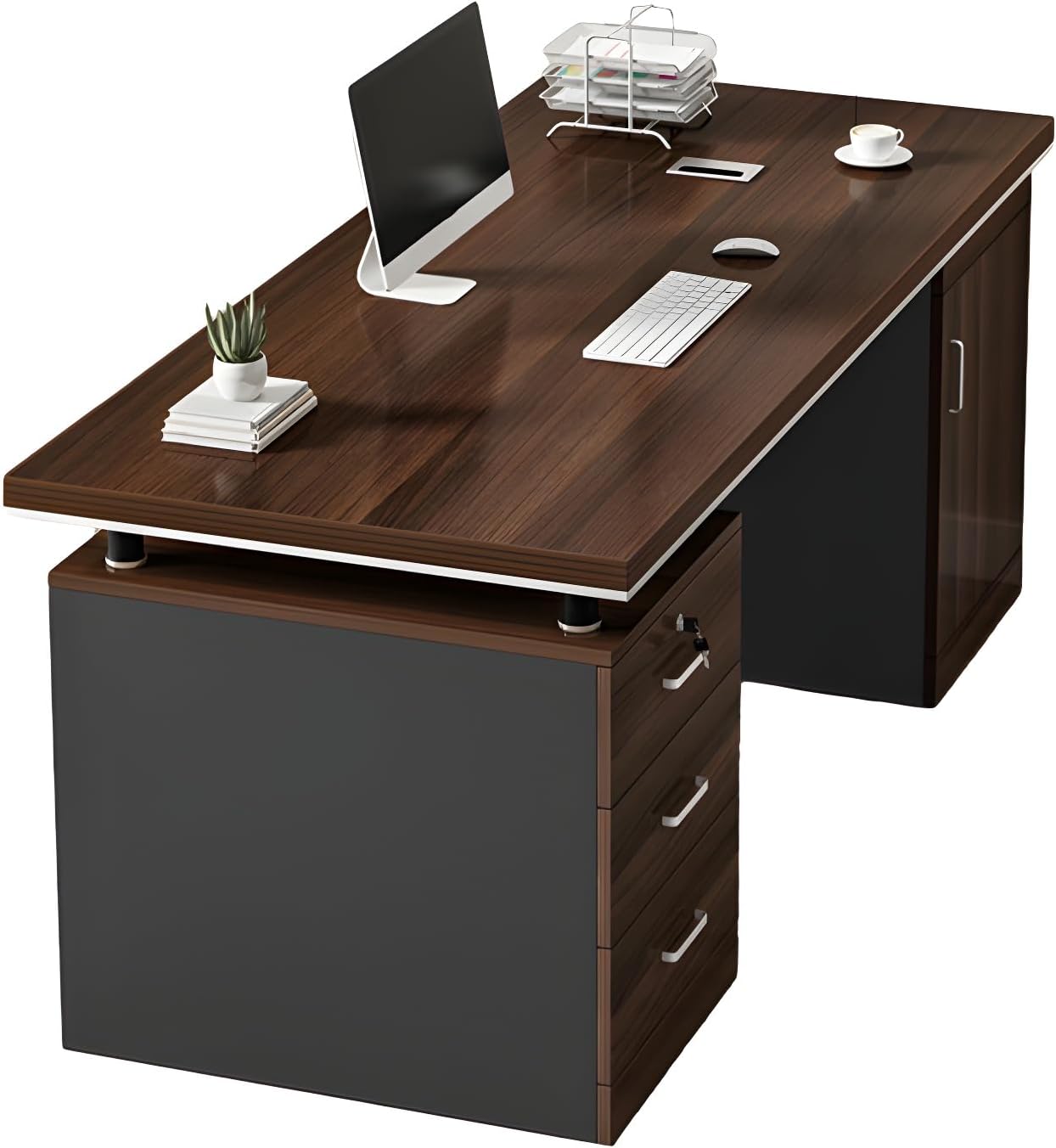 Büroschreibtisch, modern, Computertisch, braunes Holz, mit schwarzem Schlittenfuß, abschließbarer Schublade und Schrank, Wohnmöbel – ohne Stühle, 160 cm L x 69,9 cm B x 77,2 cm H