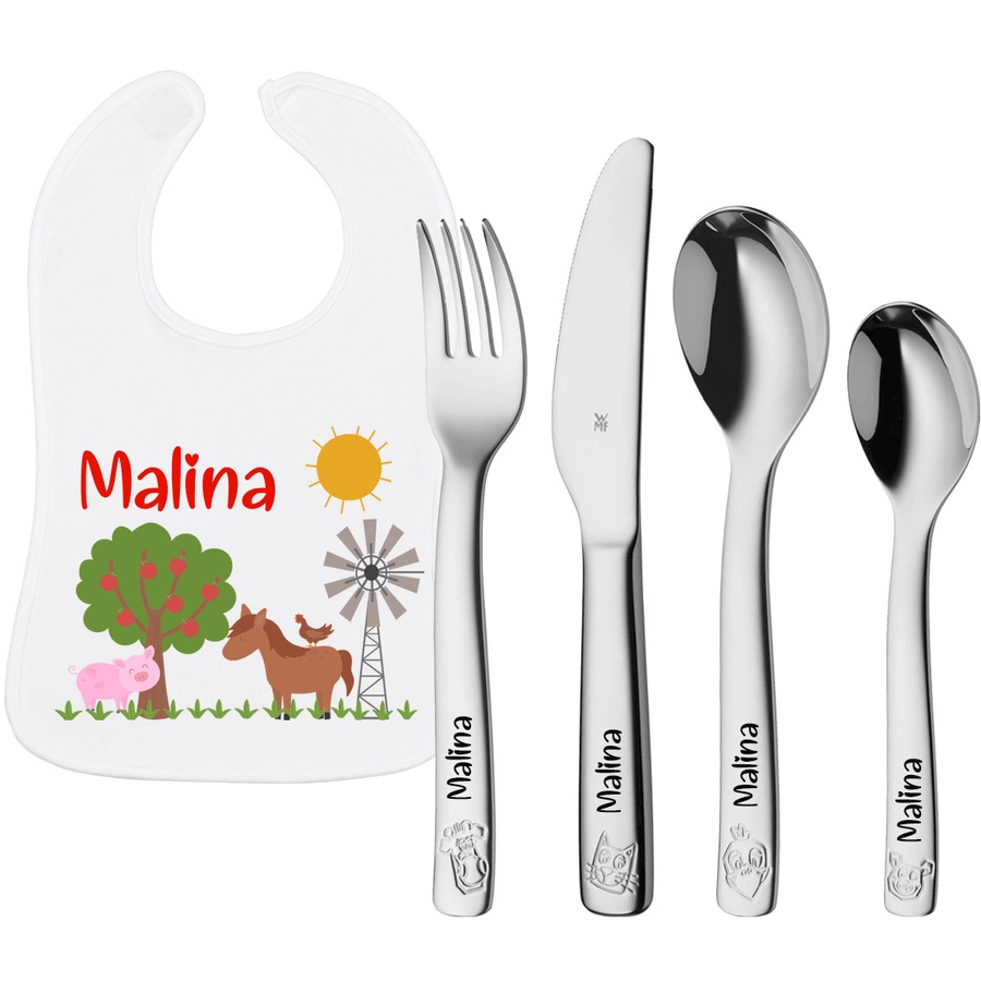 Schnullireich Geschenkset mit Namen WMF Kinderbesteck Farm + Baby Lätzchen Bauernhof Silber