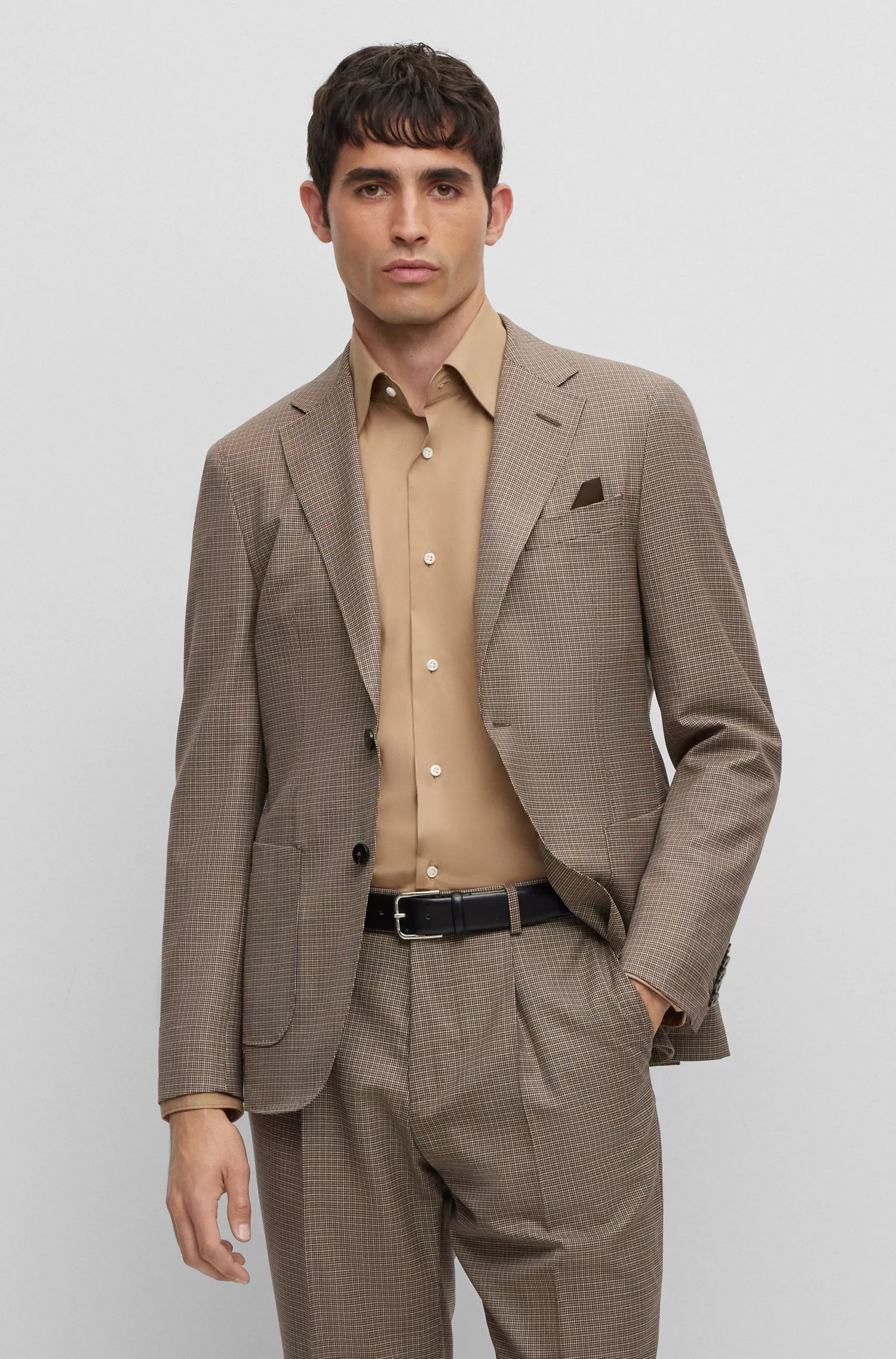 Terno BOSS Camel Slim-fit em lã virgem xadrez