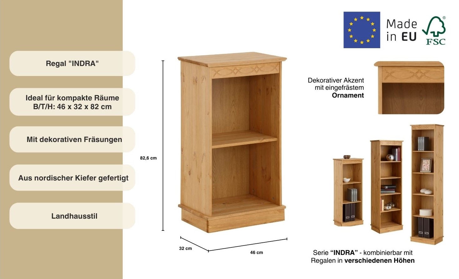 Home affaire Bücherregal »Indra« aus massiver Kiefer, in verscheidenen Höhen, mit FSC®®